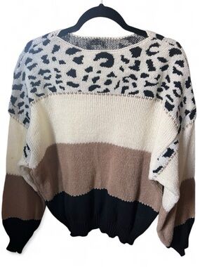 Source Unknown Cream, Tan & Black Leopard-Print Colorblock Sweater